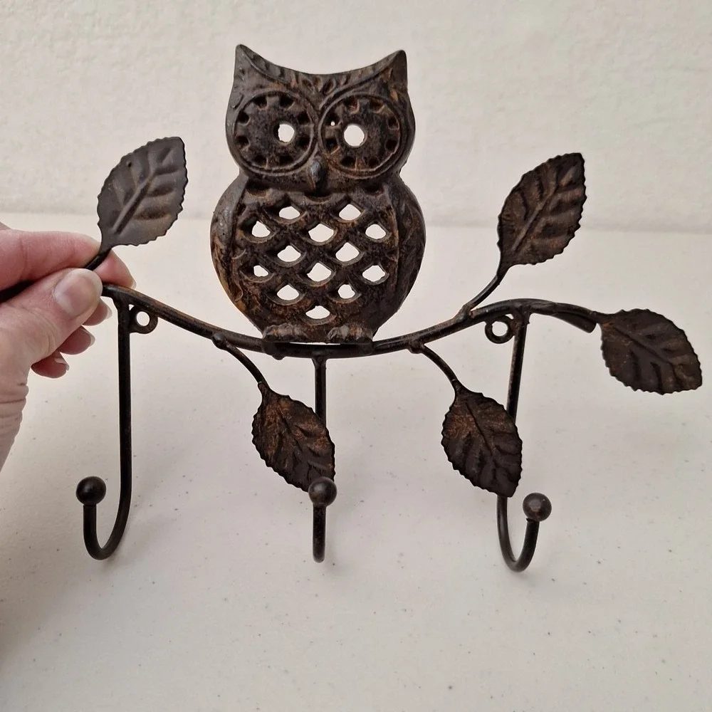 Vintage Cast Iron Bronze Finish Hollow Eye Owl Wall Mount 3 Hook Hanger 10